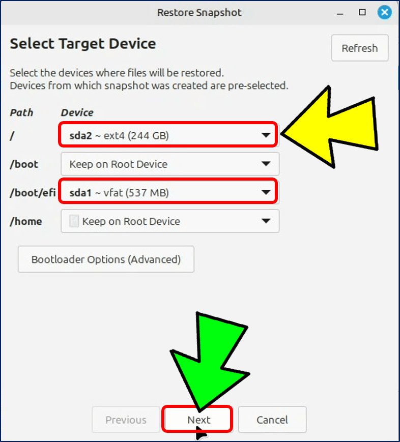 「Select Target Device」画面が表示されるので、復元対象ディスクを指定する。