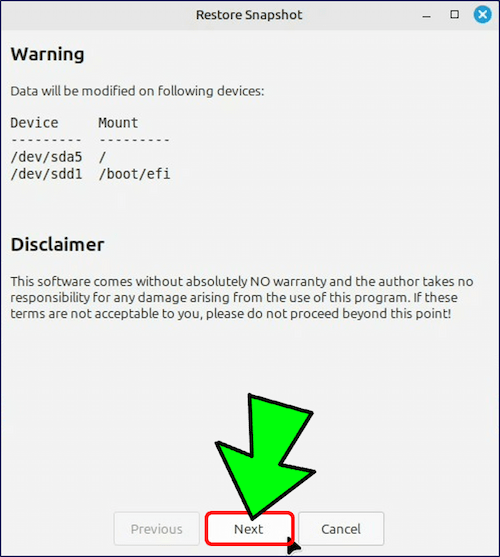 「Warning」と「Disclaimer」が表示されるので、「Next」をクリックする