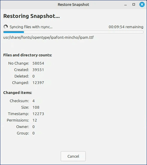 「Restoring Snapshot」→復元処理が始まる
