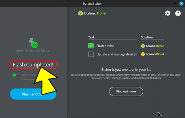 「Flash Complete!」という画面が表示されて、処理完了する