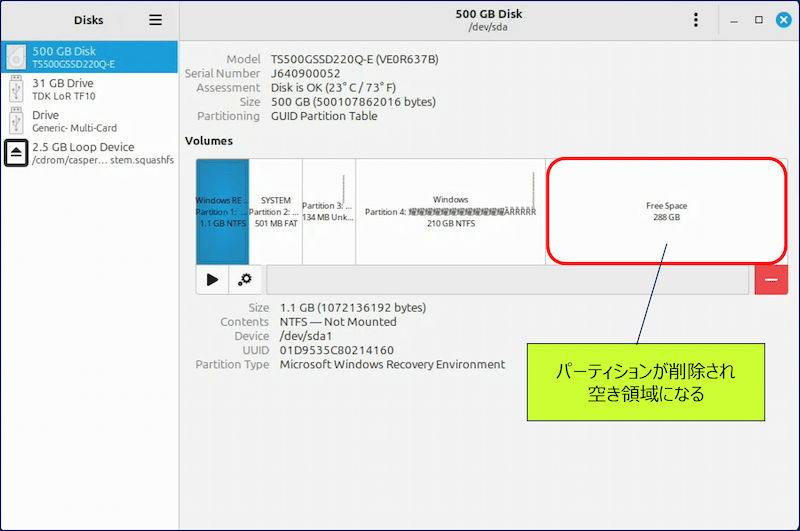 パーティションが削除され、空き領域が出来る