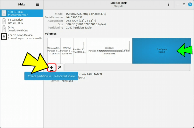 「Free Space」を選択して、「✚」のパーティション作成をクリックする