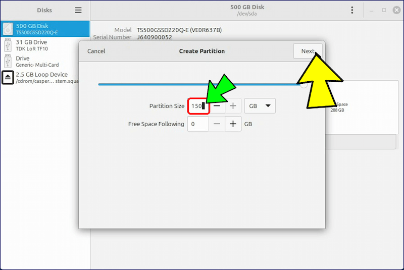 パーティションサイズを設定し、「Next」をクリックする