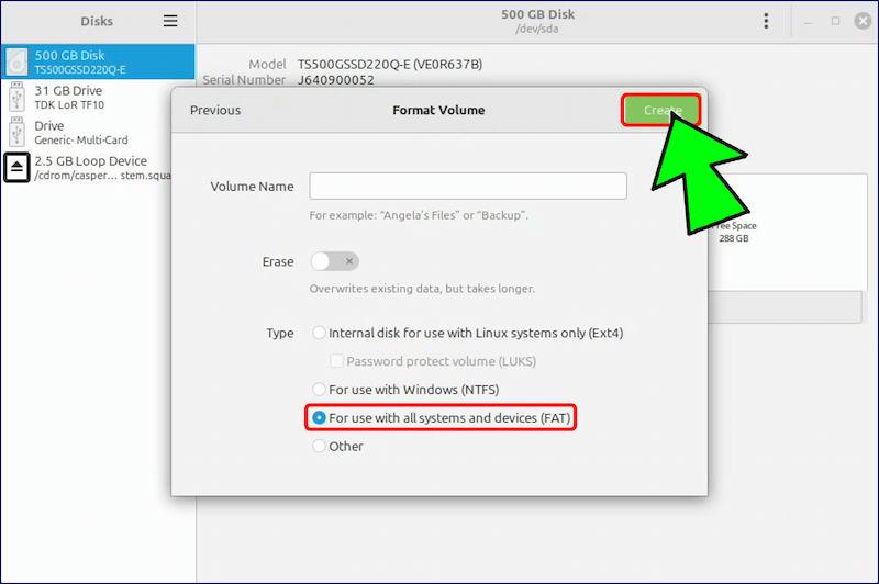 パーティションタイプに「FAT」を選択し、「Create」をクリックする