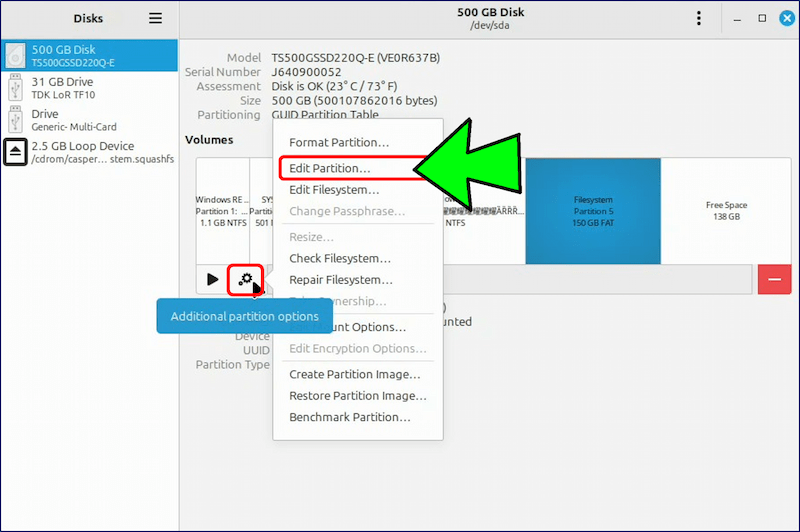 作成したパーティションを指定して、「⚙️:Additional partition options」アイコンをクリックし、「Edit Partition」を選択する