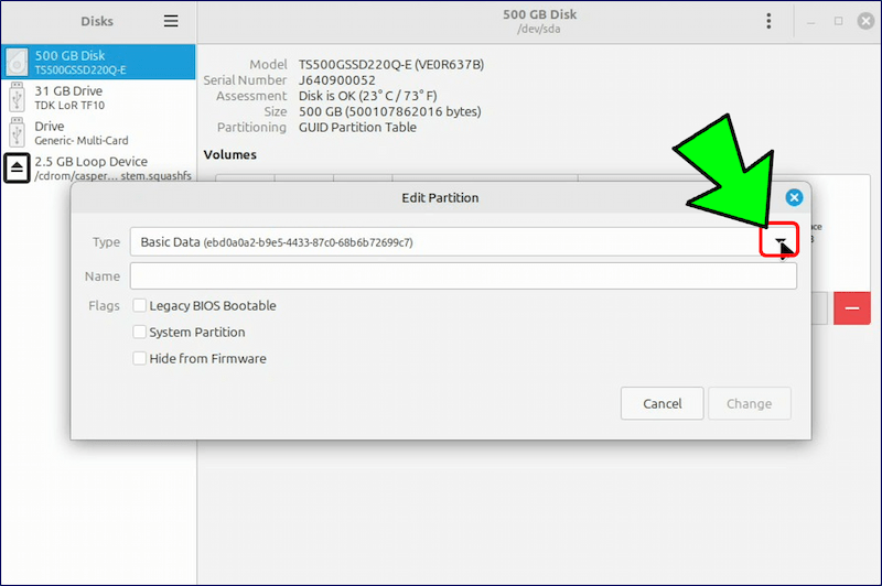 「Edit Partition」ダイアログボックスが表示されるので、「Type」のプルダウンアイコンをクリックする