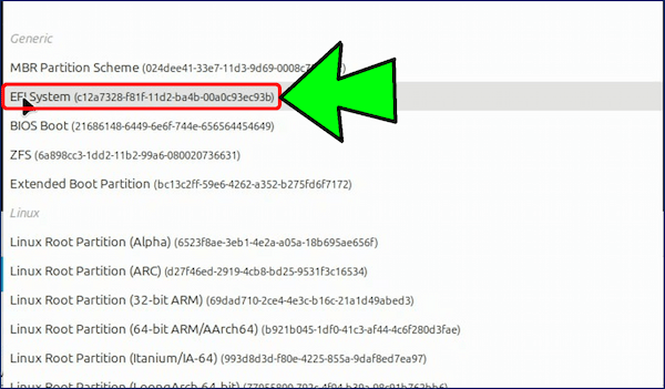 プルダウンメニューの中から、最上部にある「EFI System」を選択する