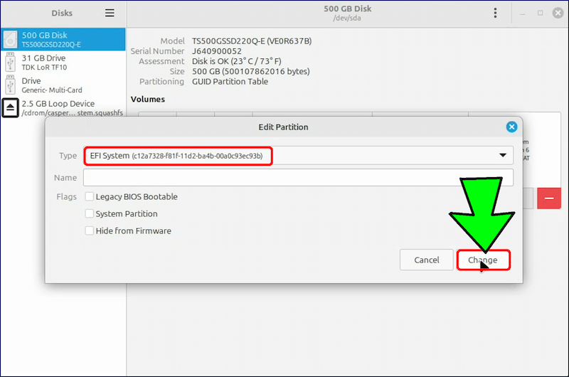 「EFI System」が選択されたら「Change」をクリックする