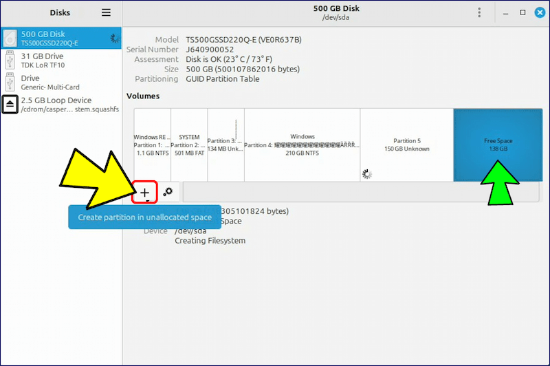 続いて、「Free Space」を選択して、「✚」のパーティション作成をクリックする