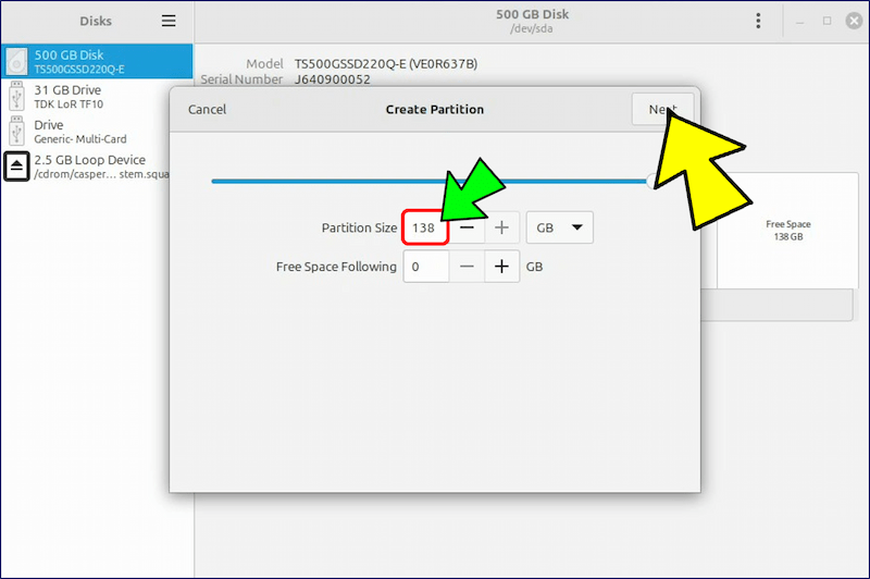 パーティションサイズ(残りの全て)を確認し、「Next」をクリックする