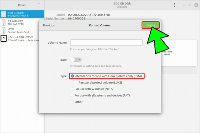 パーティションタイプに「ext4」を選択し、「Create」をクリックする
