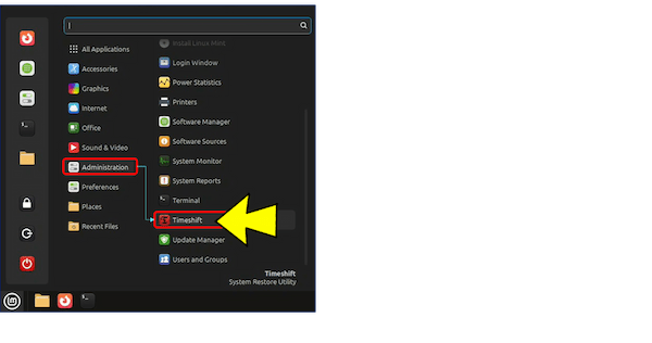 スタートメニューをクリックし、「Administration」カテゴリから「Timeshift」を選択する