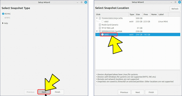 「セットアップウィザード」の「Select Snapshot Tyoe」が表示されるので、「Next」をクリックし、「Select Snaoshot Location」画面が表示されたら、スナップショットが保存されている場所を指定する