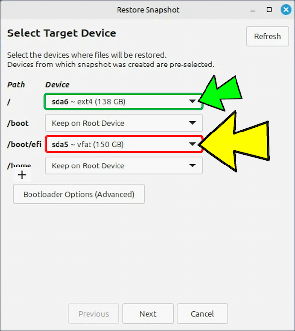 「Select Target Device」画面が表示されるので、それぞれに作成したパーティションを指定する