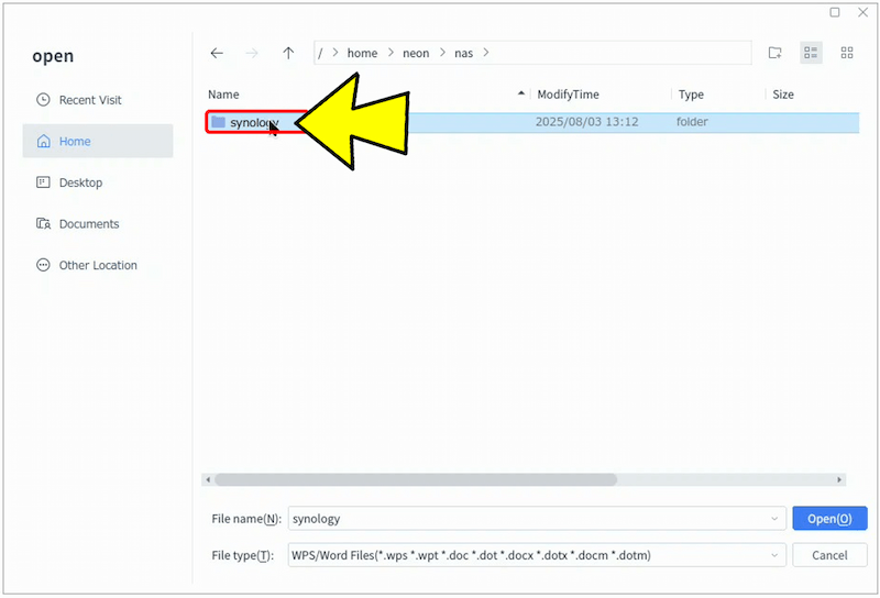 マウントした「synology」フォルダーが表示される