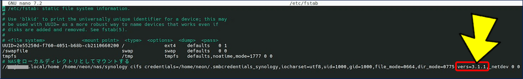 /etc/fstab の vers=2.0 から vers=3.1.1 に修正する