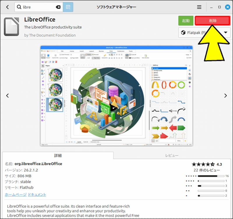 インストールが完了すると、右上に「削除」ボタンが表示され、ソフトウェアマネージャーでの削除が可能となる