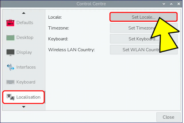 コントロールセンターが表示されたら、「Localisation」タブを選択し「Set Locale...」をクリックする