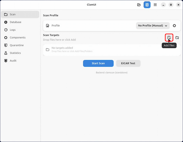 ClamUI の初期画面が開いたら、「Add files」アイコンをクリックする